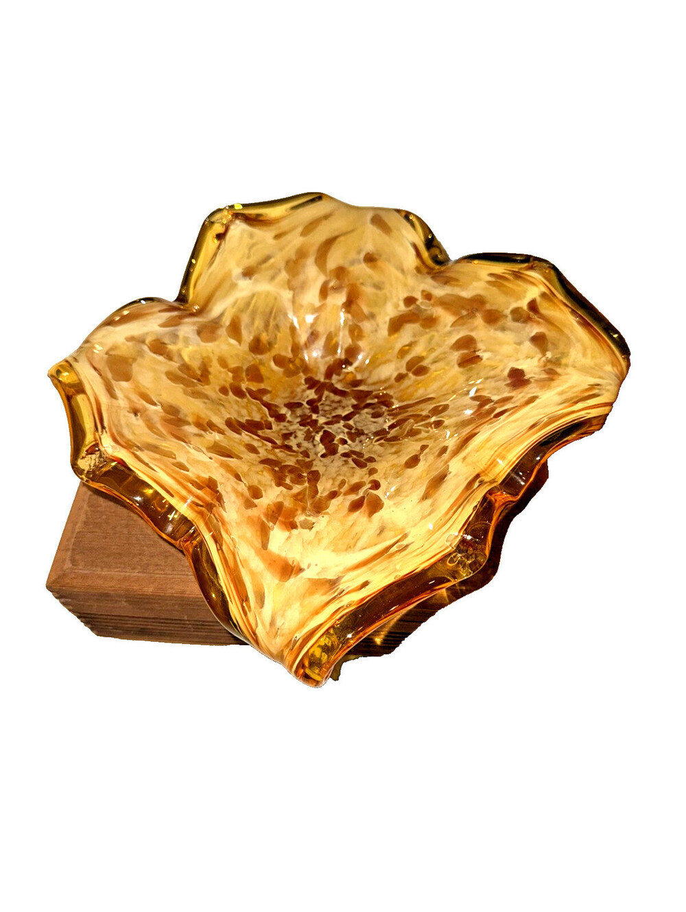 Amber Art Glass MCM Bowl Hand Blown yellowand brown Dish; abstract trinket dish